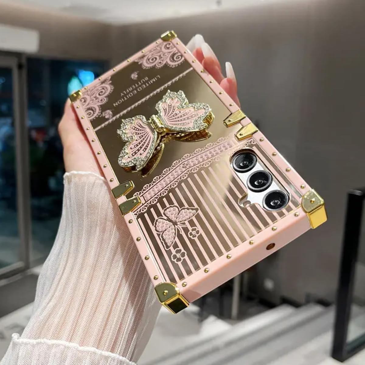 for Samsung Galaxy S25 Ultra Glitter Kickstand Case,Cute Luxury Bling Sparkly Diamond Butterfly Foldable Stand Elegant Mirror Shockproof Women Girls Protective Case for Galaxy S25 Ultra, Pink - Image 8