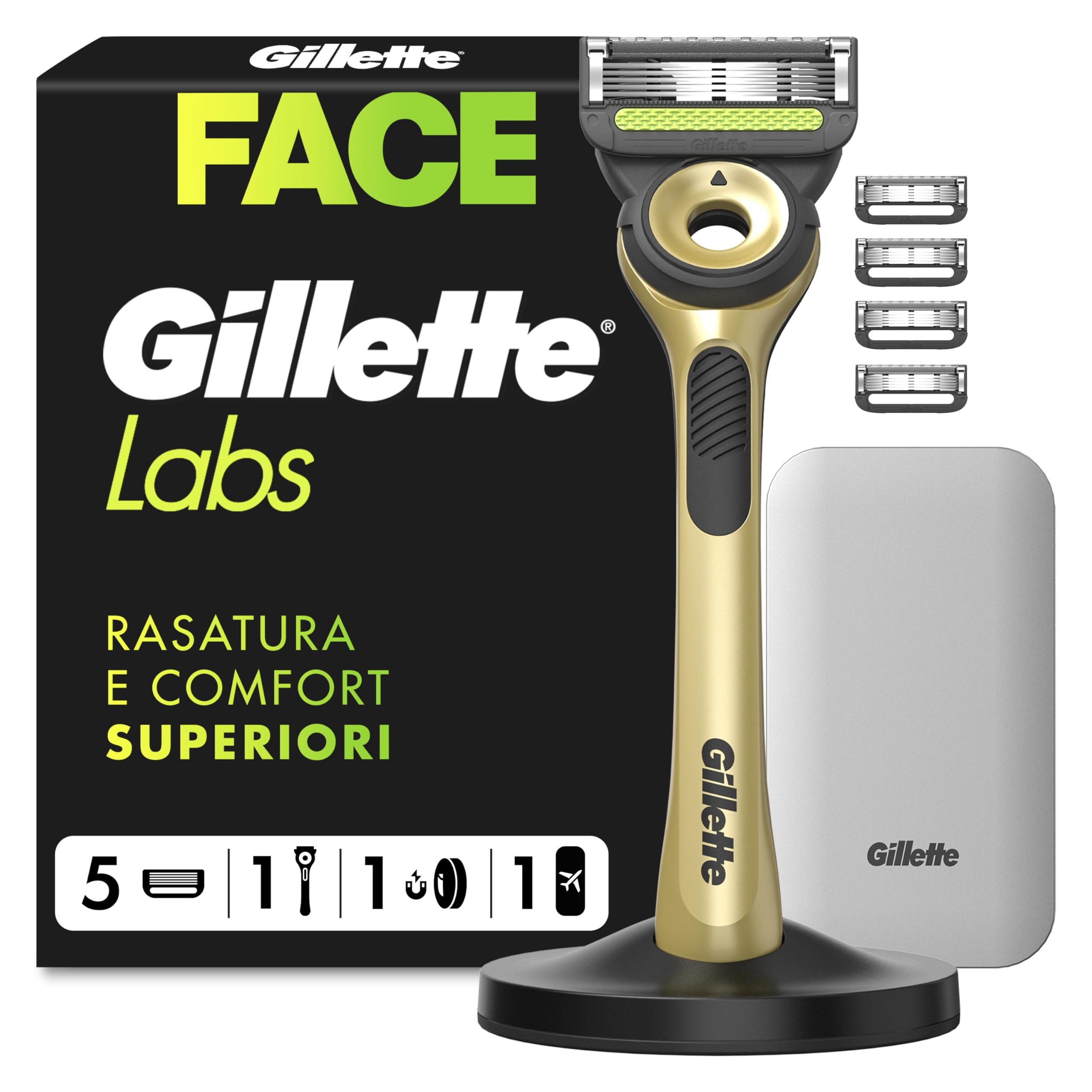 Gillette Labs con Barra Integrata, Rasoio da Uomo, 1 Manico, 5 Lamette di Ricambio, con Base Magnetica, Edizione dei Campioni, Oro, Rasoio Barba, Gillette Labs Lamette di Ricambio