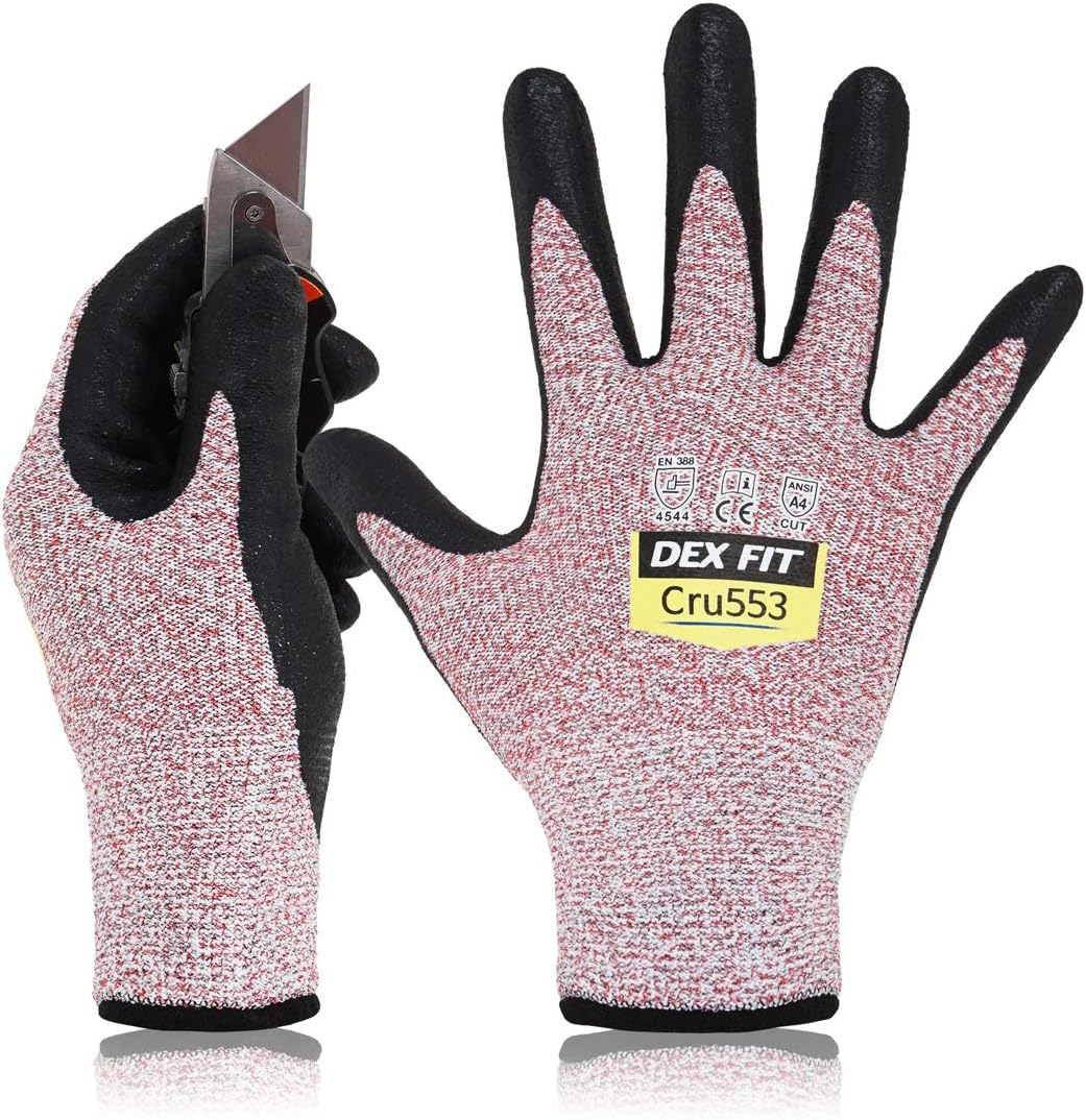 DEX FITLevel 5 Cut Resistant Gloves Cru553, 3D Comfort Stretch Fit, Power Grip, Durable Foam Nitrile, Smart Touch, Machine Washable, Thin & Lightweight, Red 10 (XL) 1 Pair