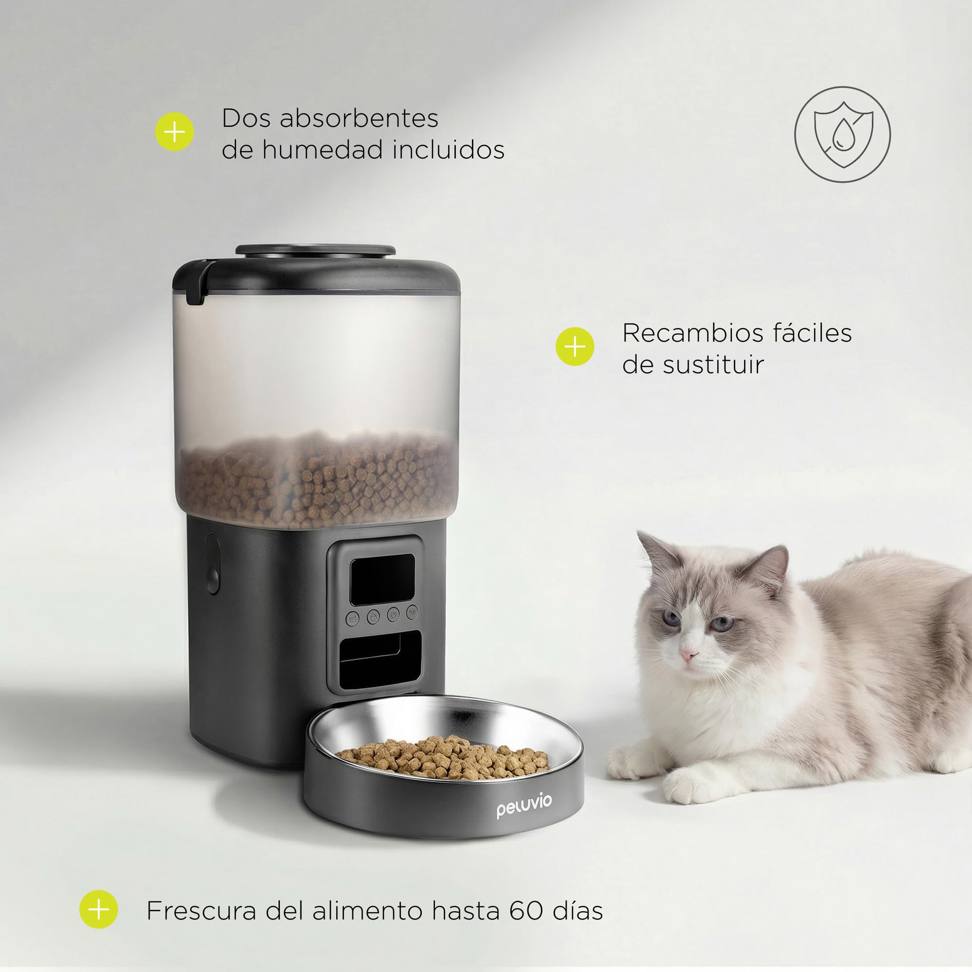 Crispy Comedero Automático para Perro, Dispensador de Comida Programable con Temporizador, sin App Fácil, LCD, USB-C con Pilas de Respaldo, Cuenco Acero Inoxidable, 4,5 L, 2 Deshumidificadores