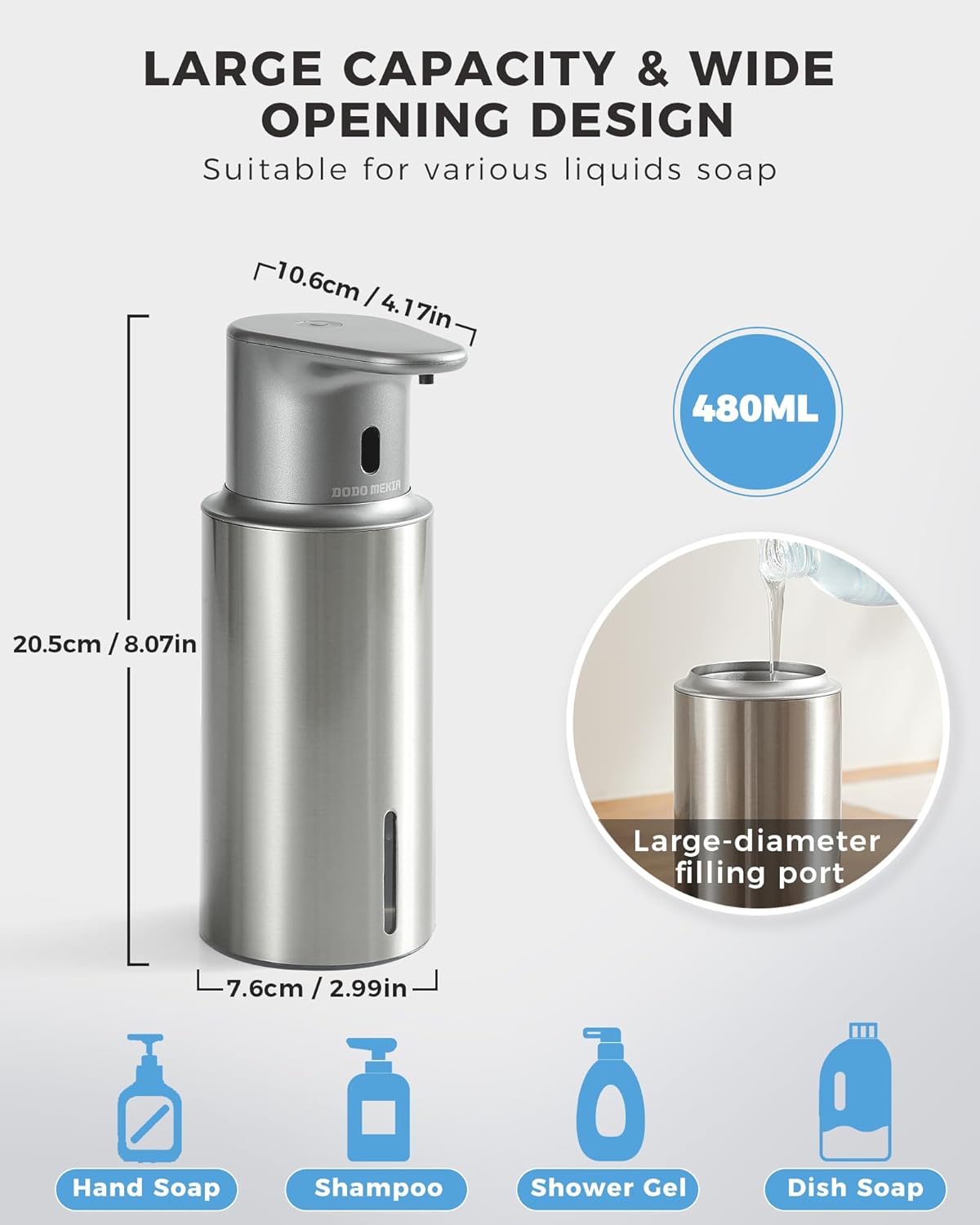 Automatic Liquid Soap Dispenser Touchless, 304 Stainless Steel Bottle Body &16.2oz/480ml Rechargeable, 3 Adjustable Liquid Levels, IPX7 Waterproof, for Kitchen Bathroom, Stainless Steel Stainless Steel Liquid