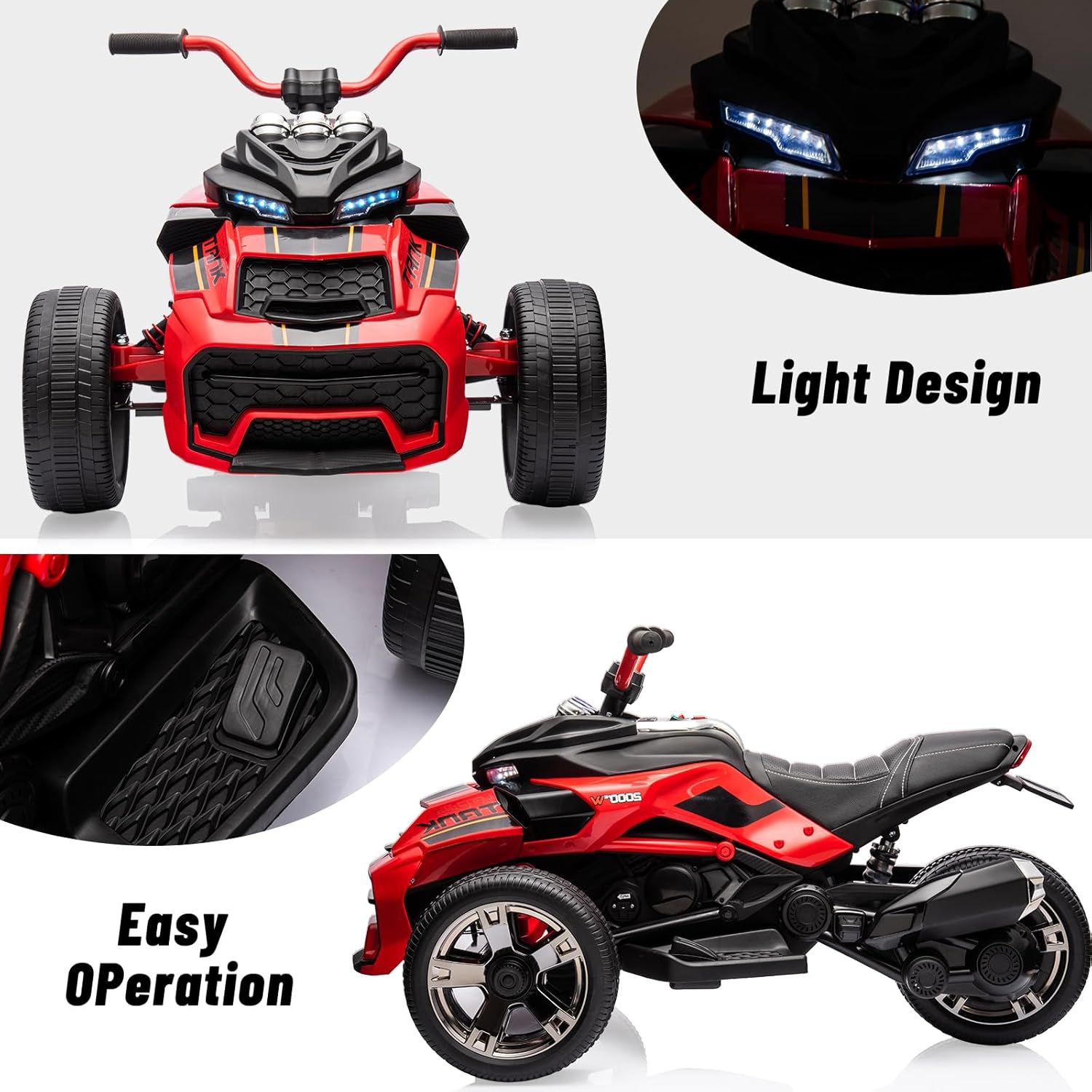 12V Kids Ride On ATV, Motorcycle, 3 Wheeler Electric Vehicle for Kids 3-8 Toddler Battery Powered Toy Car for Boys and Girls, Led Lights, Treaded Tires, Music, Red