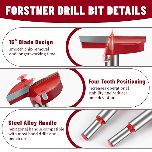 Miniatura 3 de Juego de 5 brocas Forstner para carpintería, juego de brocas con diámetro de 152025301.378 in, kit de herramientas de corte de bisagra para madera
