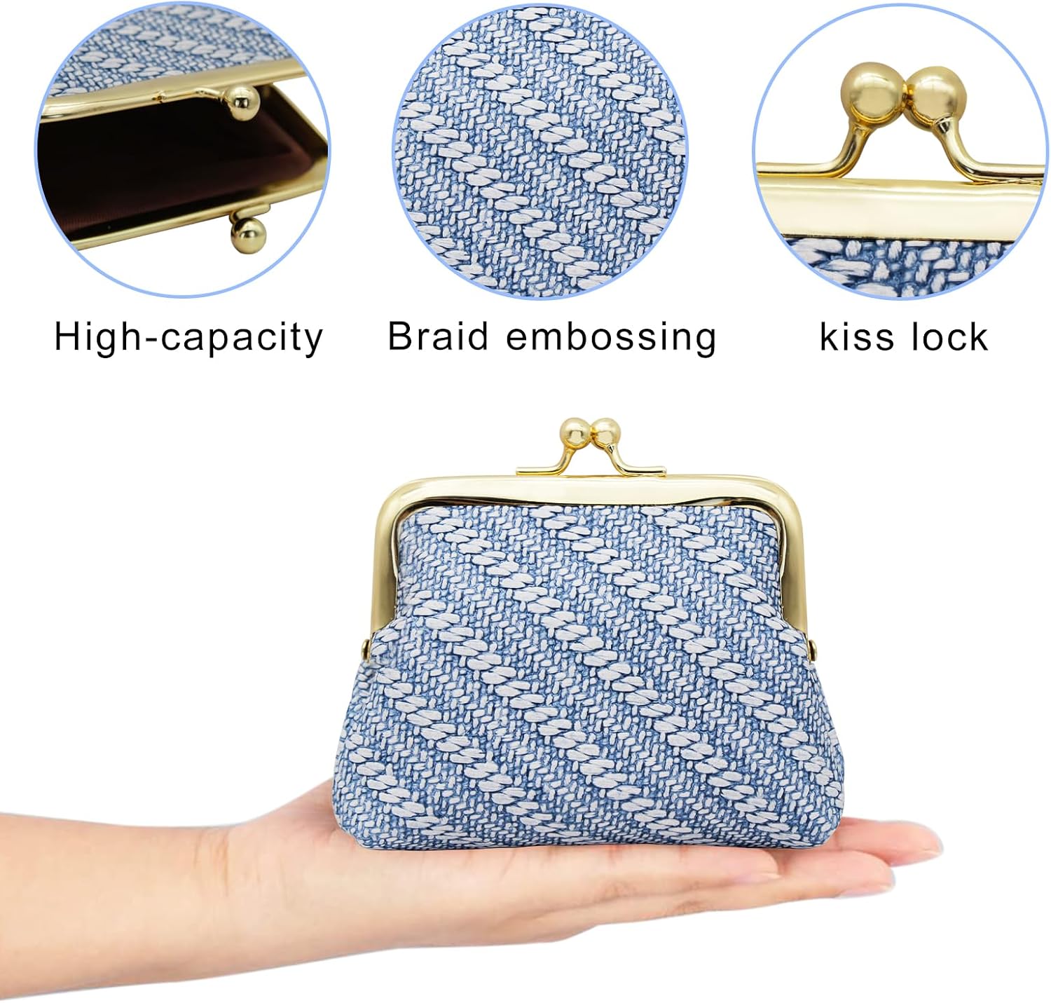 Coin Purse, PU Leather Coin Pouch Small Purses for Women and Girls, Portable Kiss Lock Small Pouch with Embossed Design for Coin, Changes, Earrings, Necklaces, Rings (blue)