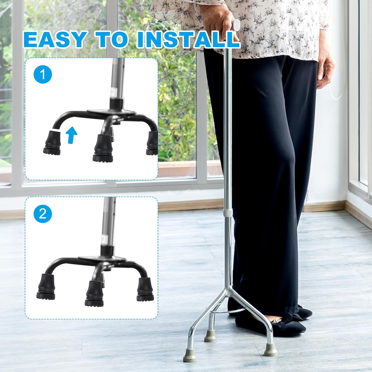 PATIKIL Quad Cane Tips 3/4 Inch, 4 Pcs Non-Slip Rubber Walking Cane Accessories Replacement Foot for Standing Stick Women Men Seniors, Black(Style 4)