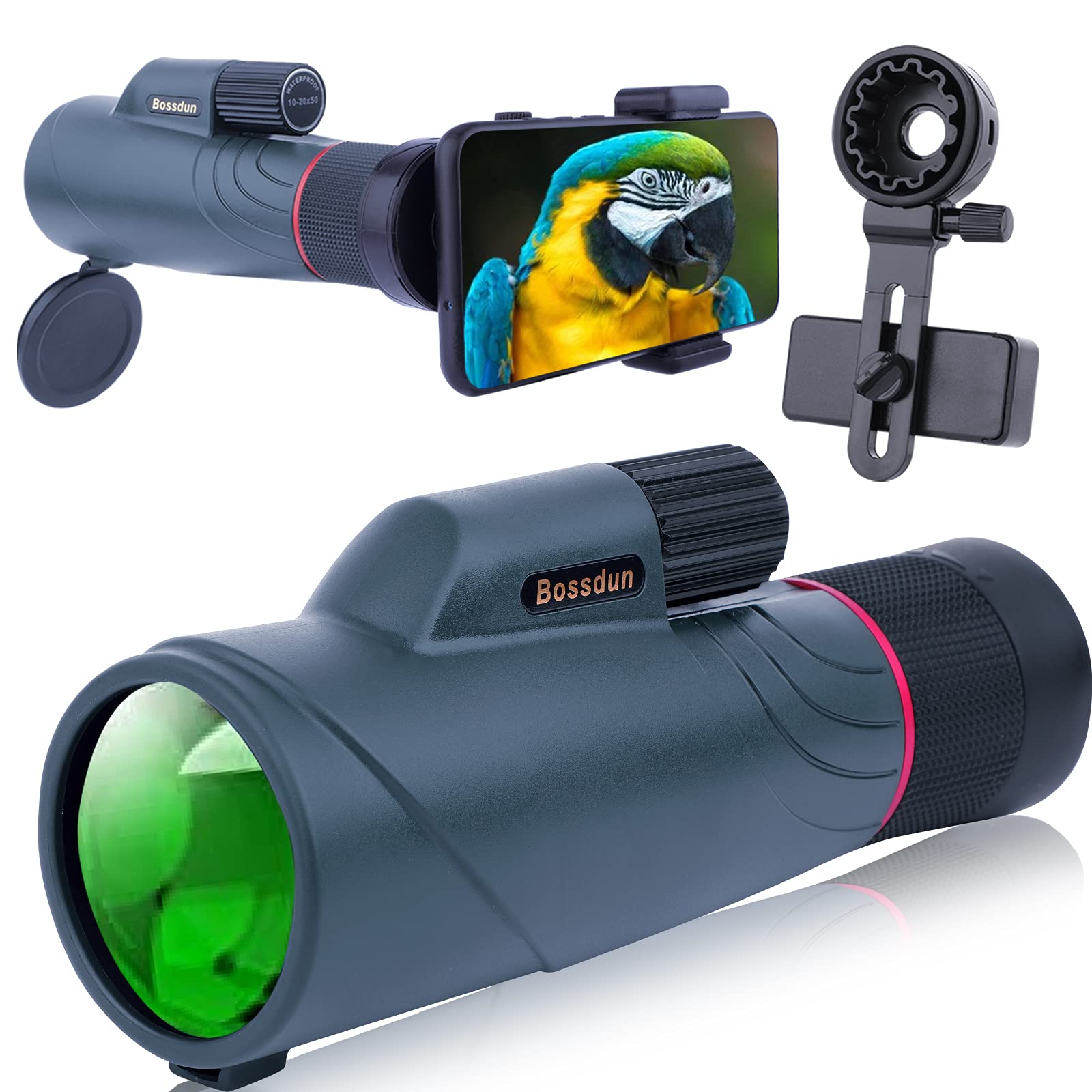 Monokularowy teleskop 10-20 x 50, wydajny monokular z adapterem do smartfona, High Power Vision dla dorosłych, do obserwacji ptaków, dzikich zwierząt, koncertów, gier sportowych