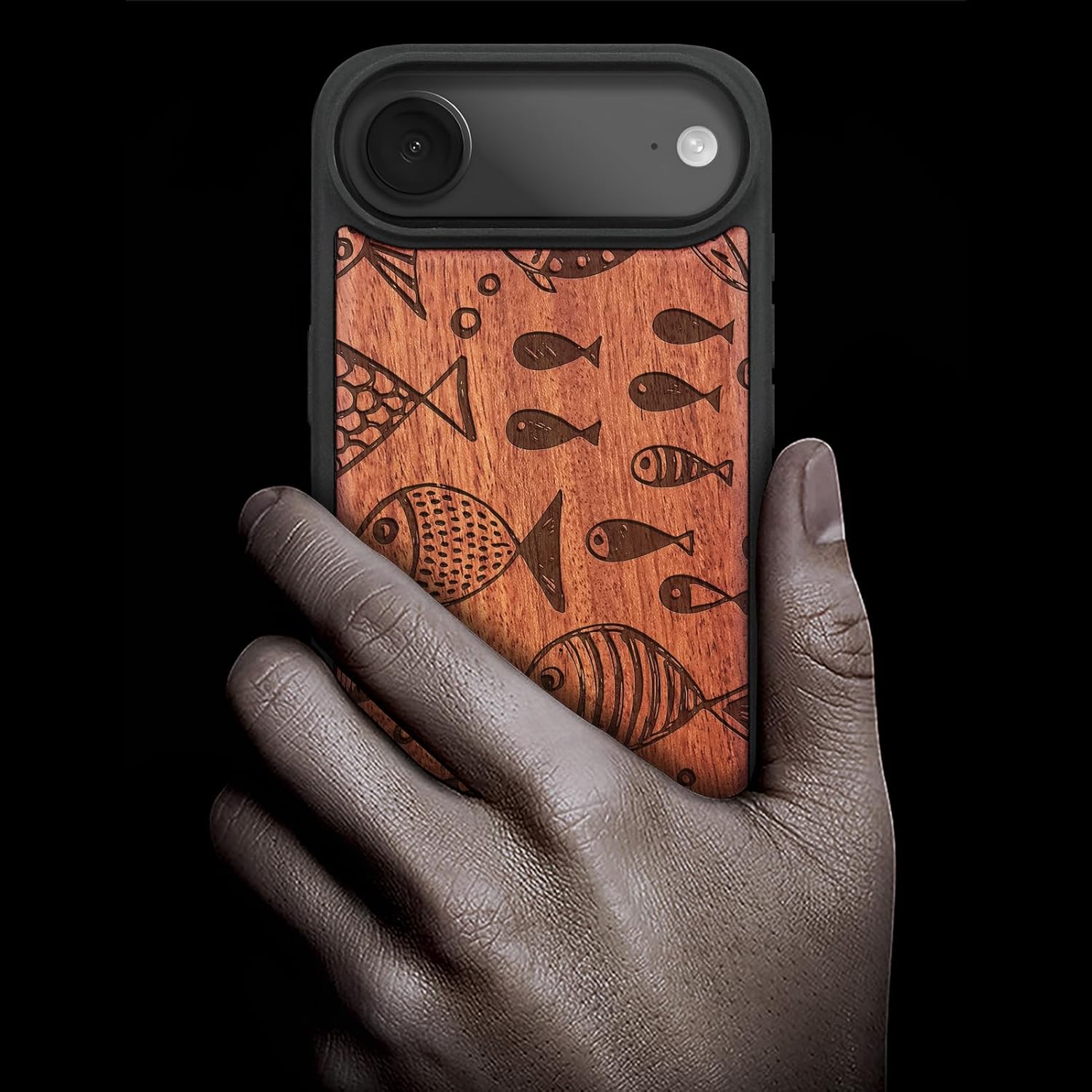 Carveit Magnetic Wooden Case for iPhone Air Case, Wood Artisan Engraved & Soft TPU Shockproof Cover, Compatible with MagSafe 17 Air Wireless Chargers (Whimsical Fish) Rosy