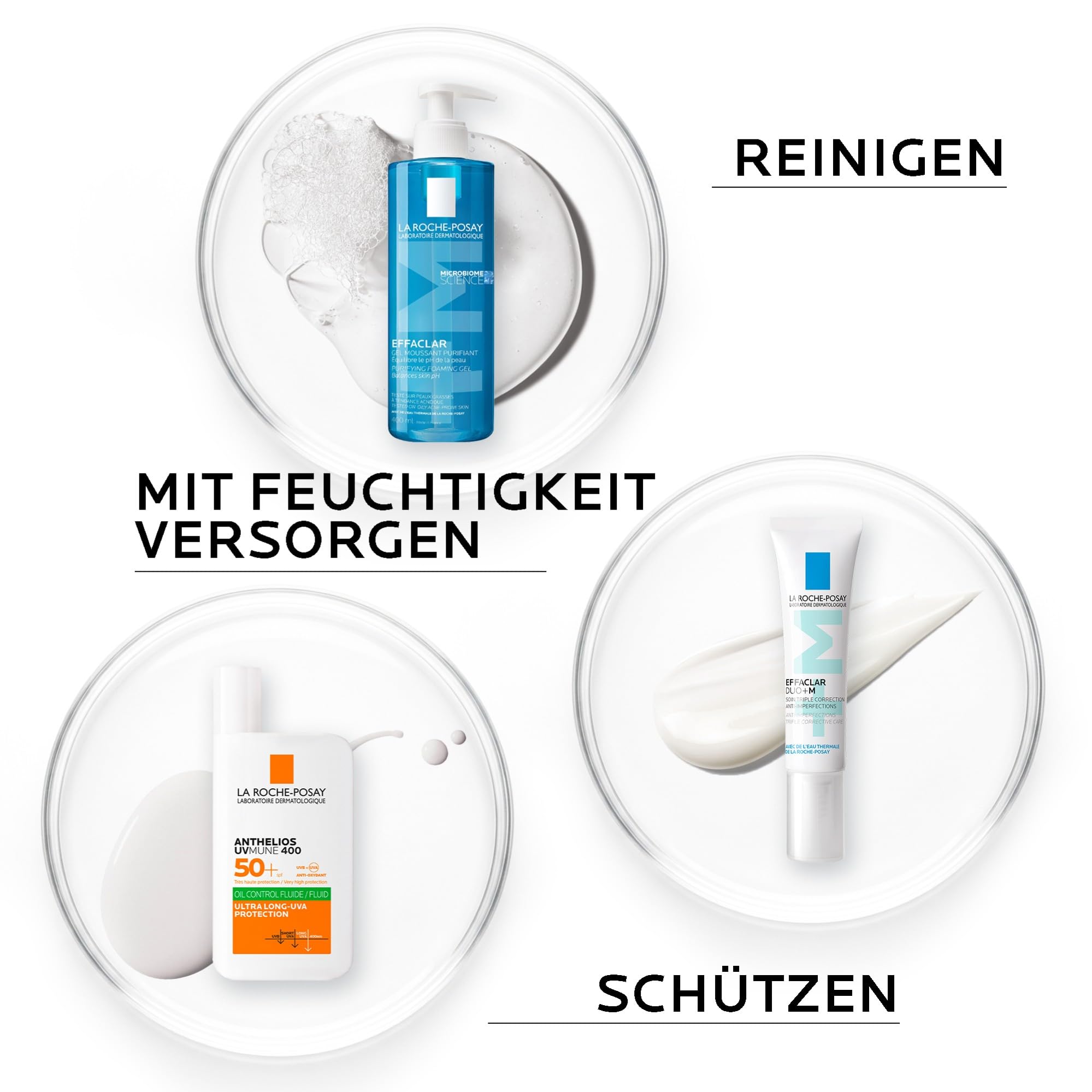 La Roche Posay Effaclar & Anthelios Set mit Schäumendem Reinigungsgel, Duo+M Creme & UVMune400 Fluid LSF50+, Pflegeset gegen Unreinheiten & Hautglanz, Für Mischhaut & fettige Haut, 400ml + 40ml + 50ml