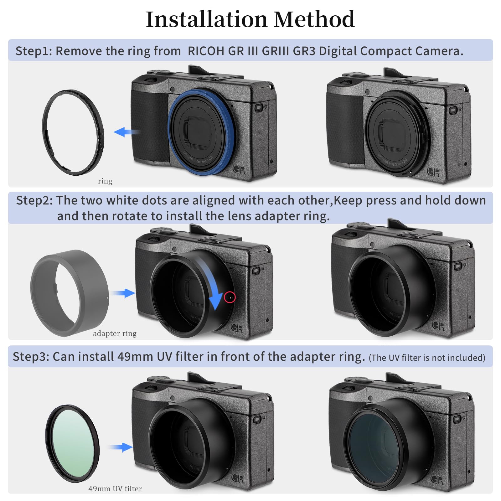 Haoge LAR-GR Objektiv, 49 mm, Filteradapterring für RICOH GR III GRIII GR3 Digitalkompaktkamera für 49 mm UV & GW-4 Weitwinkelobjektiv, ersetzt GA-1