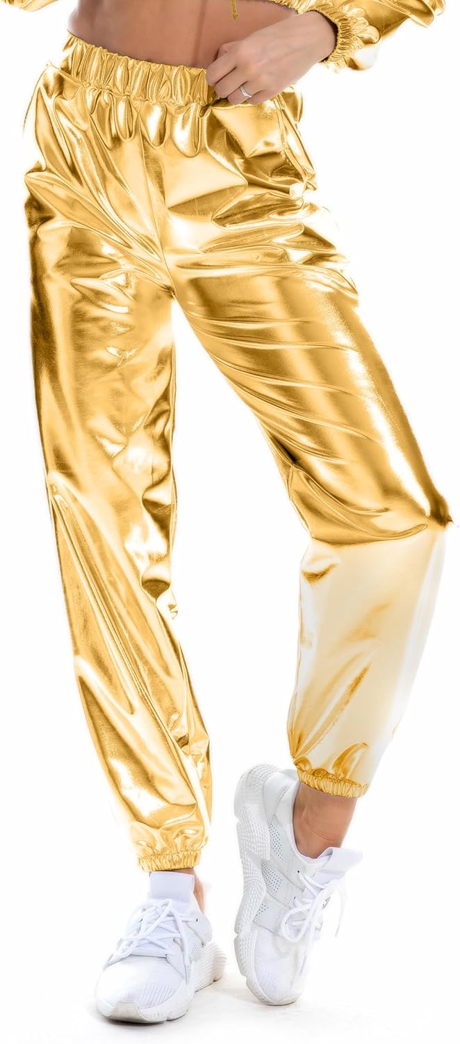 Women's Metallic Shiny Jogger Casual Holographic Color Streetwear Pants Hip Hop Fashion Smooth Elastic Trousers - Image 8