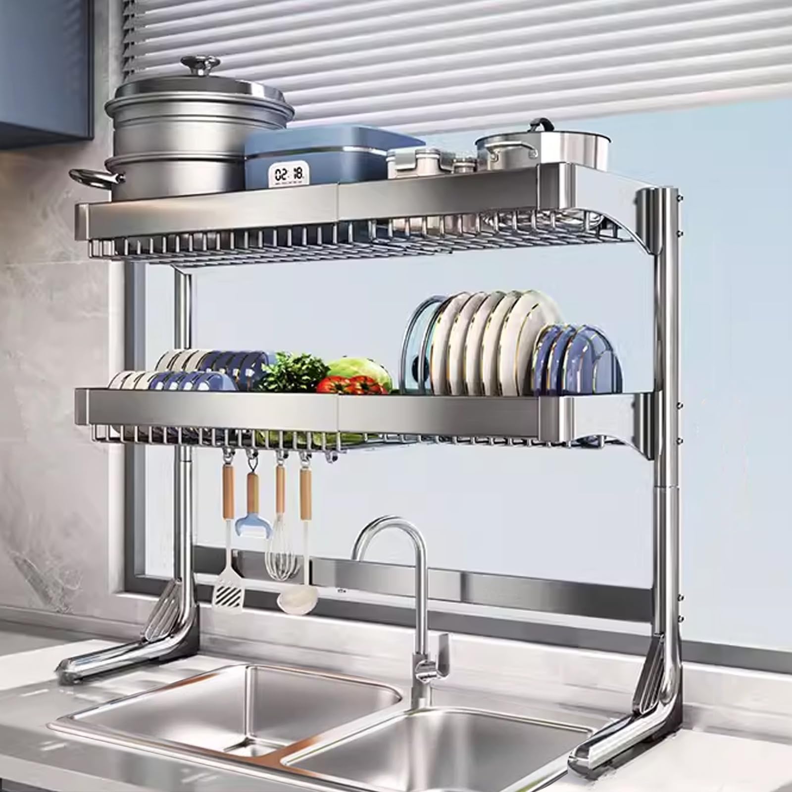 Escurreplatos Ajustable de Acero Inoxidable 304 con Cesta Colgante sobre el Fregadero. Ahorra Espacio en la Cocina cocinas Modernas.