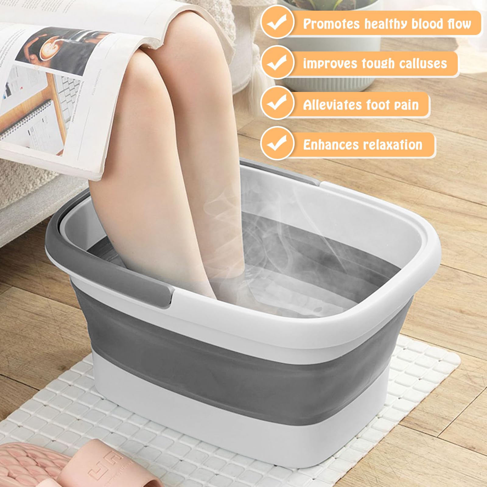 Rierousy Baño de Pies Plegable - Bañera de 15 L de Capacidad Con Masaje Para Pedicura y Alivio de la Fatiga (Blanco Grisáceo)