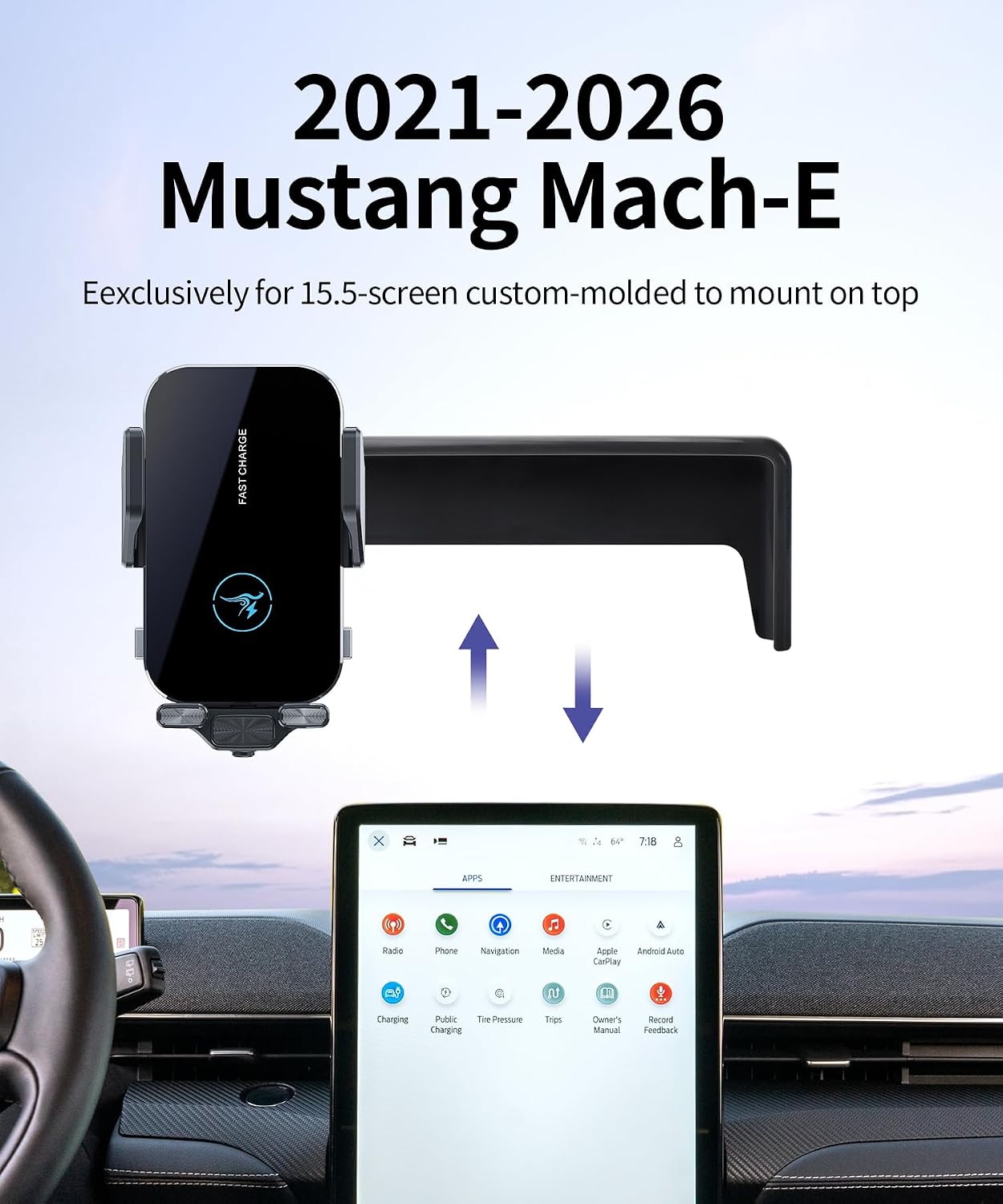 15W Wireless Fast Charger for Ford Mustang Mach-E 2021-2026 Accessories 15.5 inch Screen Fixed Clip, Auto Accessories Navigation Bracket, Interior Decoration Mobile Phone Mount