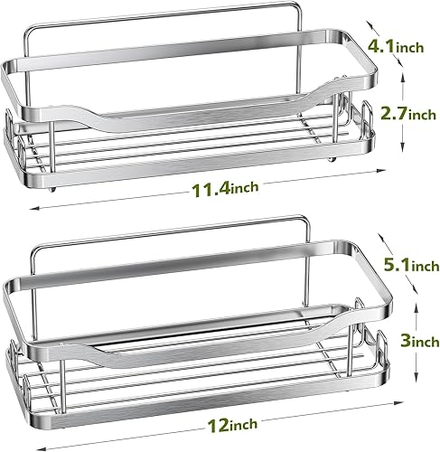 Miniatura 7 de OMAIRA Organizador de ducha plateado, paquete de 2 organizadores de ducha adhesivos, sin perforación, estantes de ducha de acero inoxidable para