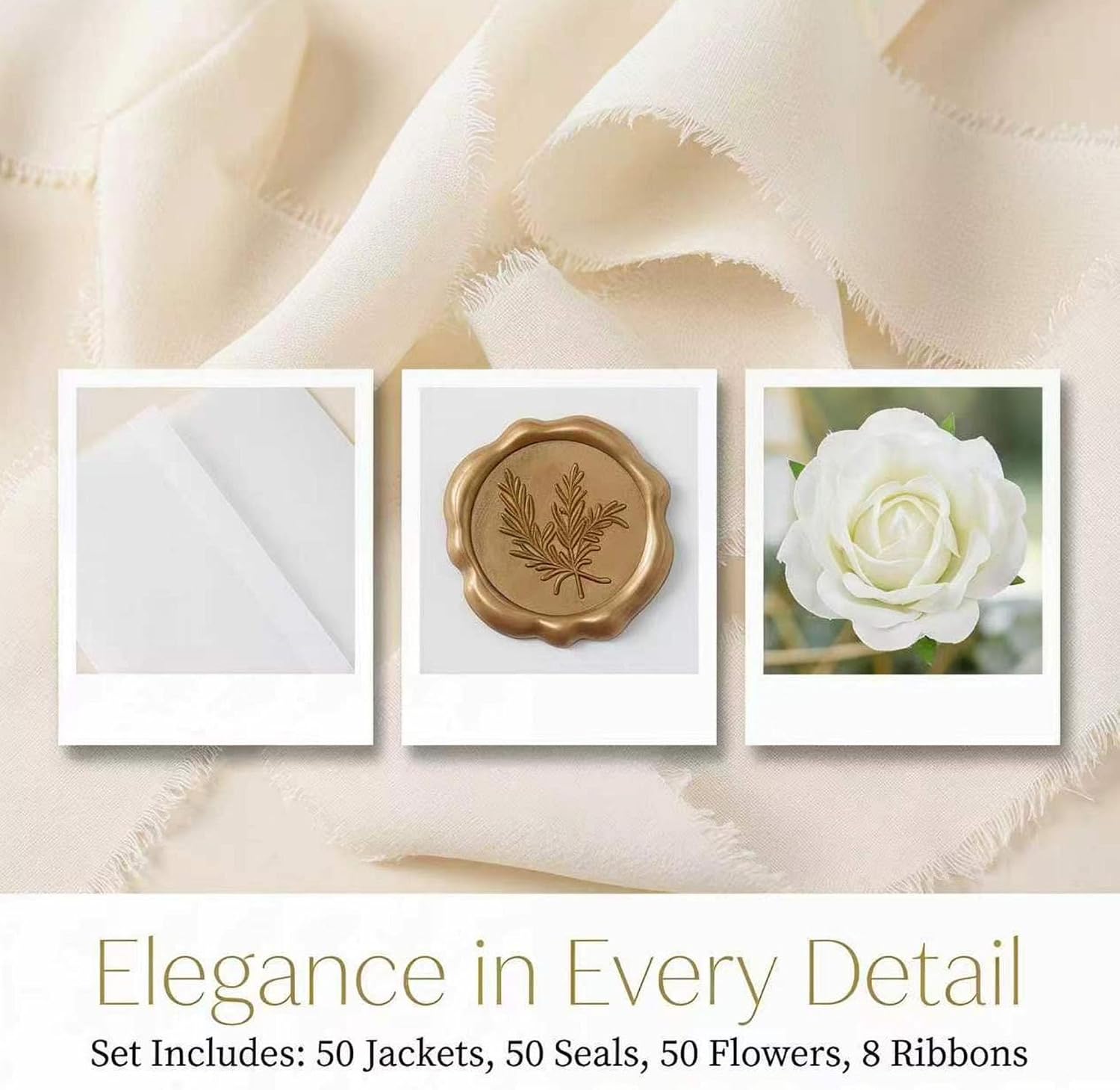 Wedding Invitation Wraps Kit,50 Sets Pre Folded Vellum Jackets 5″ x 7″ Invitations with Self Adhesive Wax Seals Sricker,Artificial Flowers,Chiffon Ribbons for DIY Wedding Crafts
