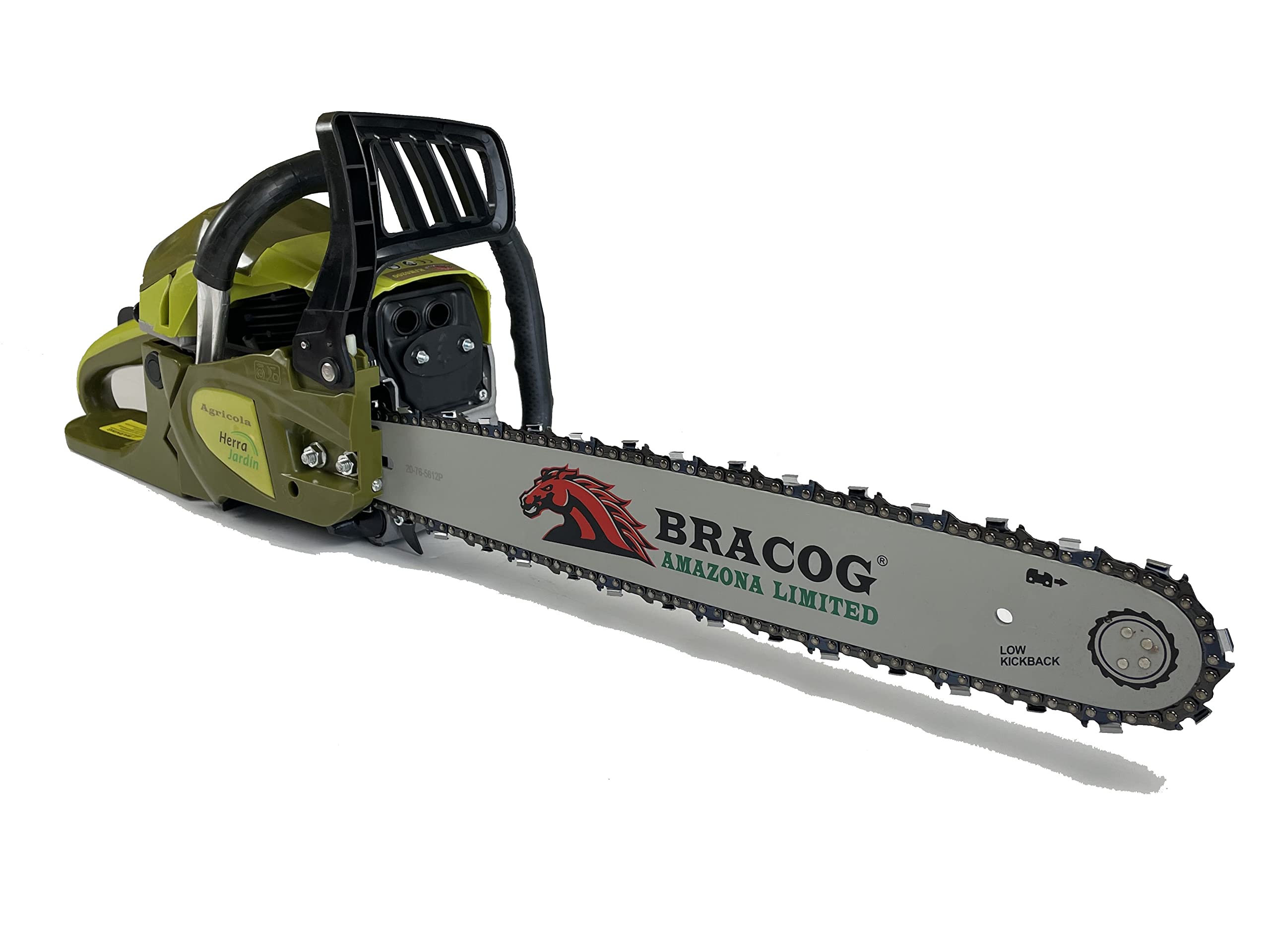BRACOG Motosierra Gasolina Profesional Amazona (62 cc, Espadín 50cm). Anti-vibración con Cadena 20" Motor de 2 Tiempos, 3.4 cv, Alto Rendimiento Arranque Easy-Start