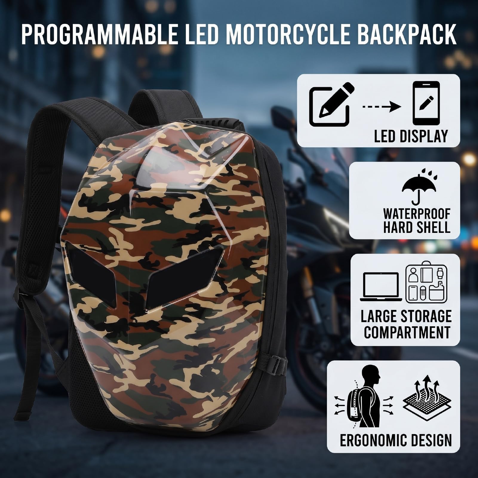 SEAFRONT Plecak Motocyklowy Programowalny Plecak LED, Sterowanie Bluetooth