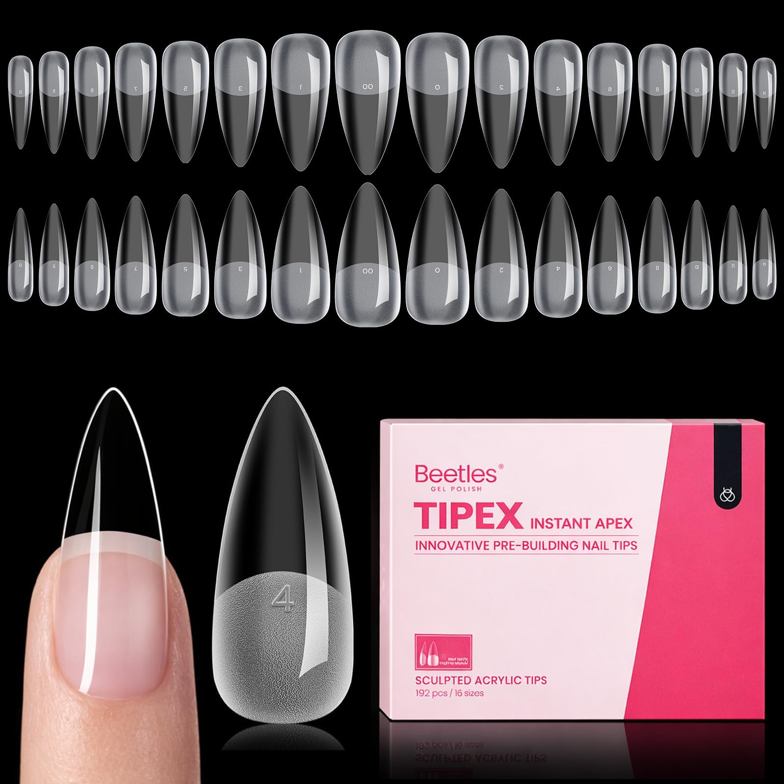 Beetles Tipex Instant Apex Nail Tips, Stiletto Medium, 16 Sizes (00–14), 192pcs, Built-In Apex, No Builder Gel Required, Thicker Strong Acrylic Tips for DIY Nail Extensions