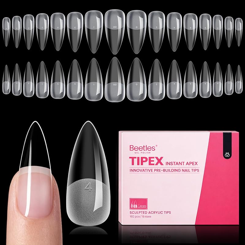 Beetles Tipex Instant Apex Nail Tips, Stiletto mediano 192 piezas 16 tamaños 00-14 | No se necesita gel constructor, uñas acrílicas fuertes, más gruesas y sin grabados para extensiones de uñas postizas con apariencia de salón de bricolaje