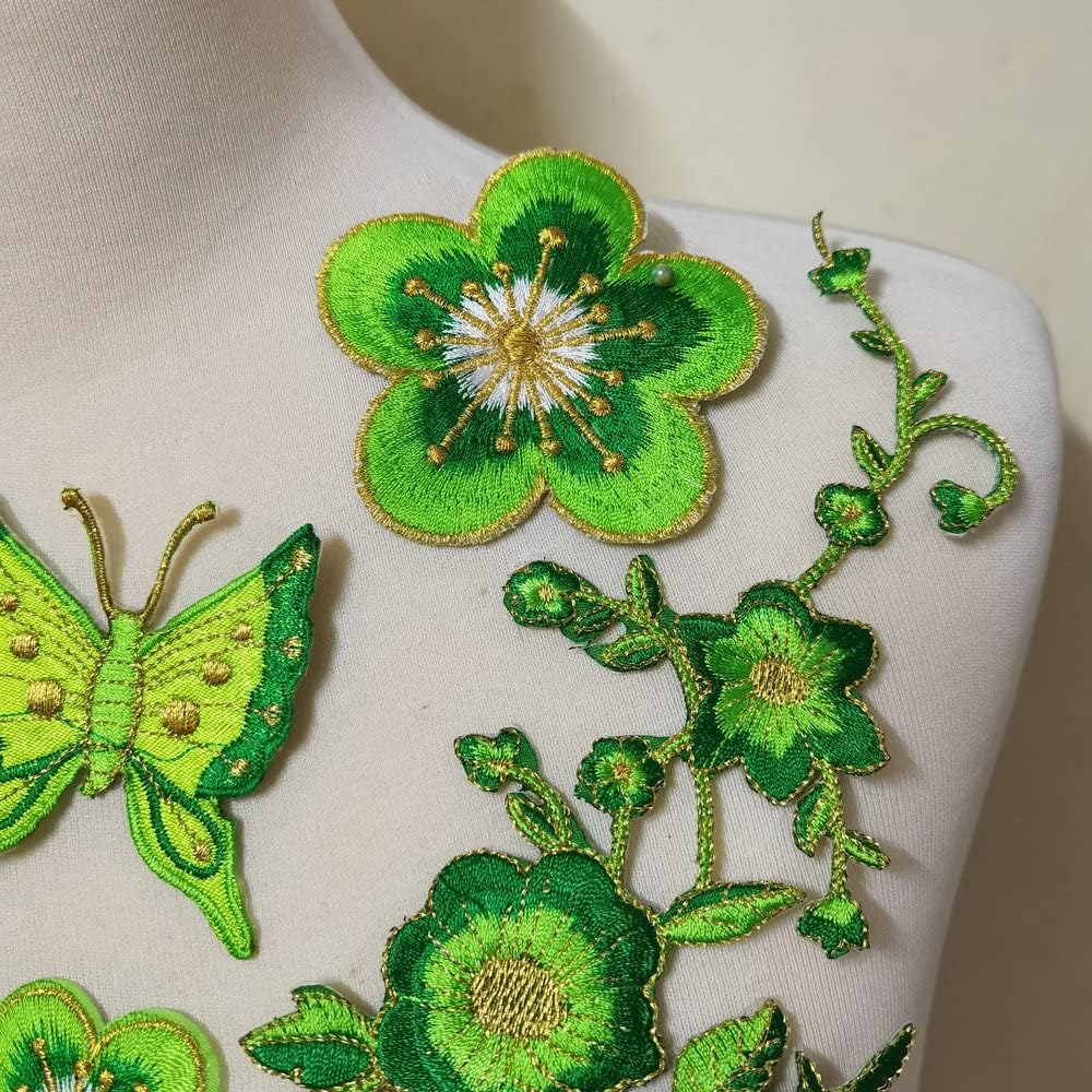 7pcs Big Flower Iron on Embroidered Appliques Patch Embroidered Lace Fabric Ribbon Trim Neckline Collar (Green)