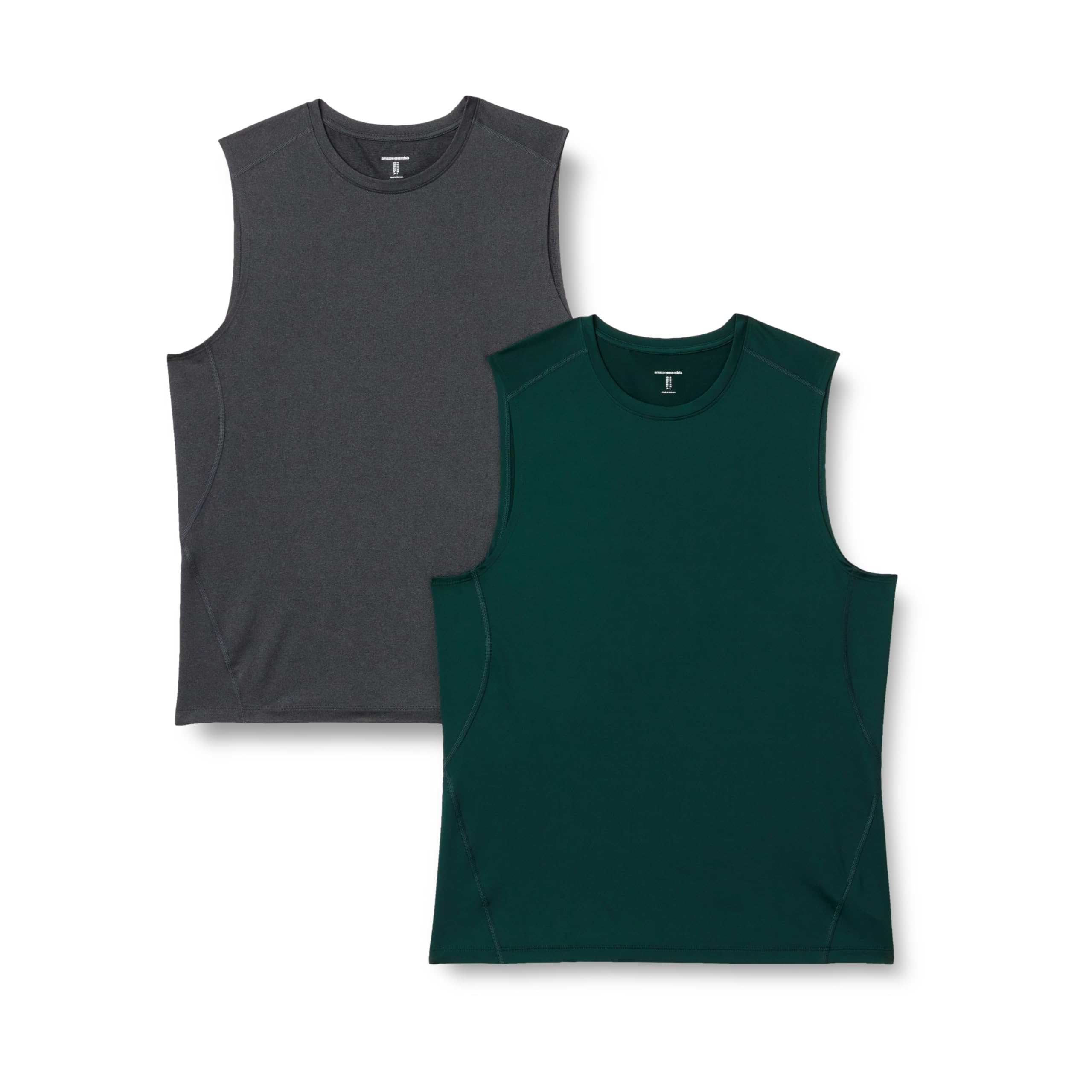 Amazon Essentials Herren Leichtes, Ärmelloses Muskelshirt Aus Schnelltrocknendem Funktionsstretch, 2er-Pack, Dunkelgrün/Graphit Heide, XS