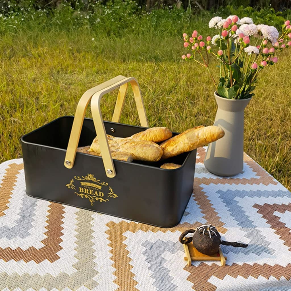 Panera portátil, panera Moderna con Tapa y asa de Madera, contenedor de Almacenamiento Multifuncional, Soporte para Pan de encimera Saludable (Negro)