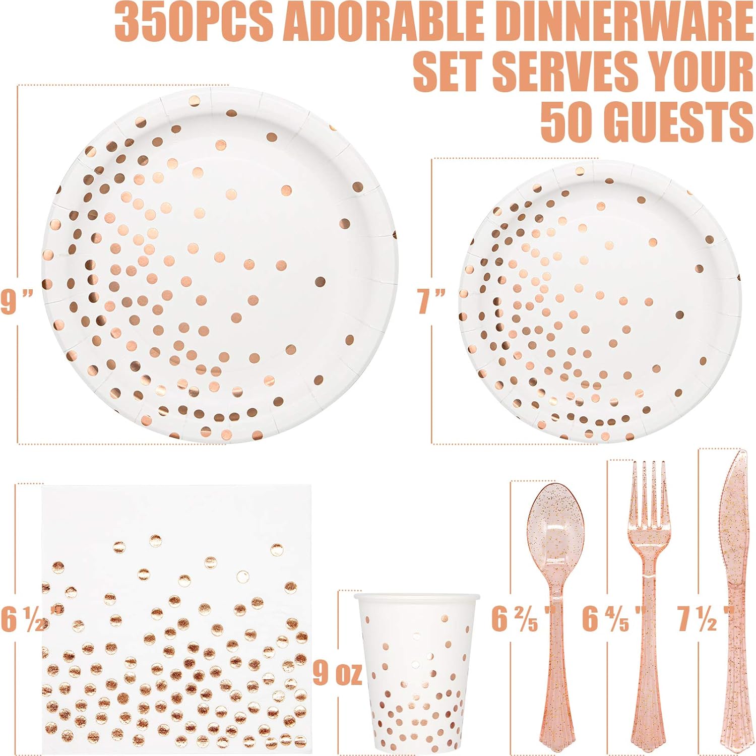 White & Rose Gold Party Supplies, 350PCS Disposable Dinnerware Set with Plates Napkins Cups Forks Knives Spoons for Girl Women Birthday Baby Bridal Shower Graduation Wedding Party Decoration