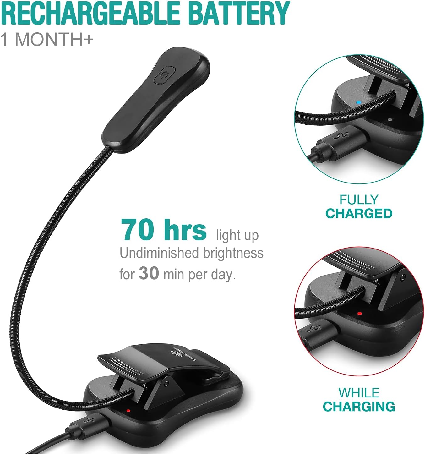 Vekkia/LuminoLite Rechargeable 7 LED Book Light, Easy Clip on Lights for Reading in Bed. 3 Brightness × 3 Color Temperature, 2.1 oz Lightweight, 70 Hrs Wireless Reading. Perfect for Bookworms & Kids : Everything Else