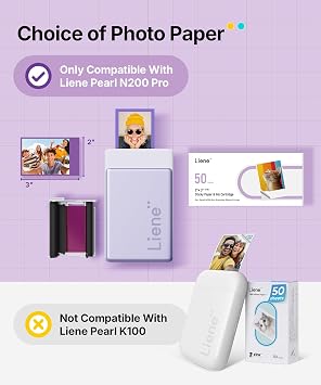 Liene Pearl N200 Pro Refill Kit: 50 Sheets Self-Adhesive Photo Paper & 5 Ribbons for DMP130 Portable Photo Printer. Waterproof, Instant Stick. Ideal for Scrapbooking.