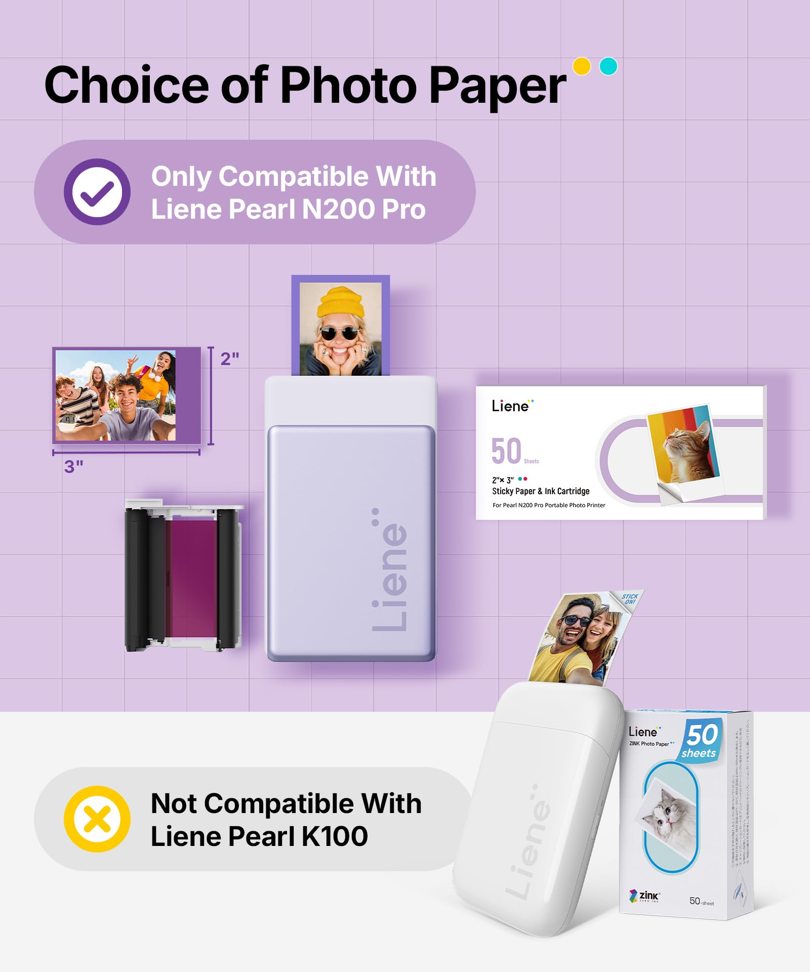 Liene Pearl N200 Pro Papel Fotográfico Adhesivo para Impresora Portátil: 50 Hojas (5x7,6 cm) + 5 Cintas. Resistente al Agua, Adhesivo Instantáneo. Para DMP130. Ideal para Scrapbooking y DIY.