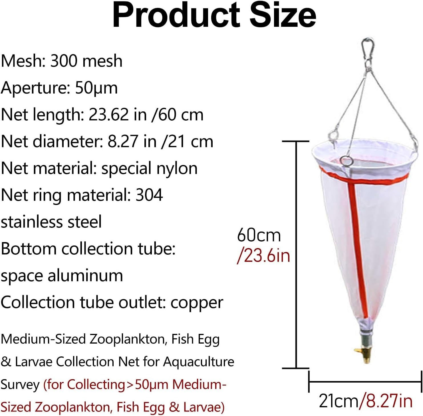 Rete plancton a maglia fine per ricerca acquatica, 20-50 micron, include 5 metri di corda di cotone, ideale per campionamento di plancton all'aperto e raccolta di organismi marini