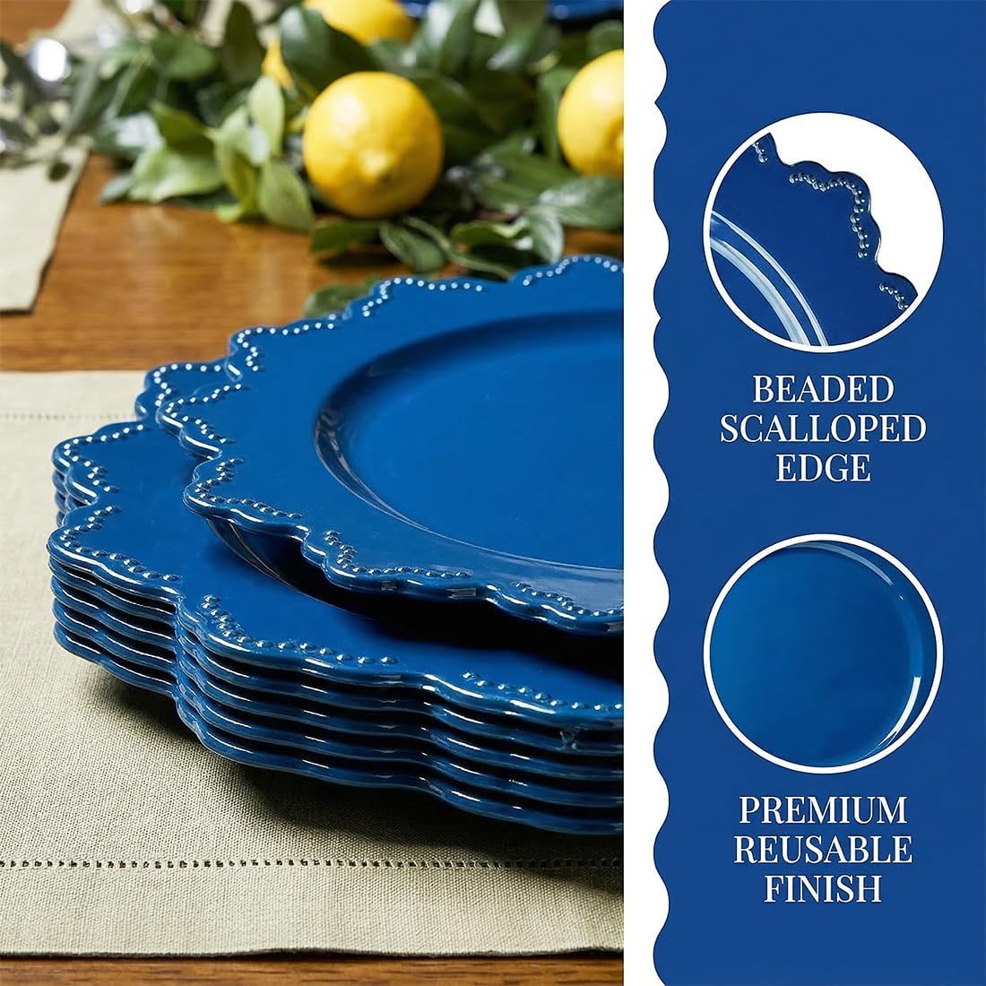 13 Inch Royal Blue Charger Plates, Elegant Scalloped Edge with Beaded Detail, Reusable Decorative Plates for Dinner Parties,Set of 6
