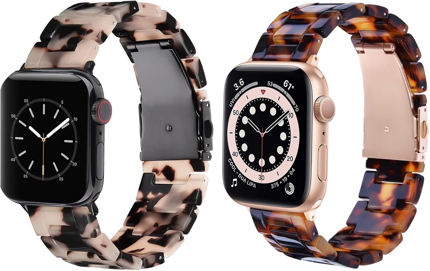 V.R.HOPE Resin Watch Band Compatible with Apple Watch Band for Women 38mm 40mm 41mm Tortoise Metal Buckle Wristband Bracelet Strap for iWatch Series 9 8 7 6 5 4 3 2 1 SE (Black Floral+Tortoiseshell)