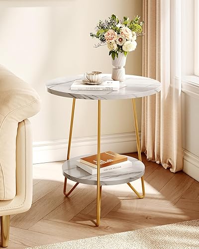 Miniatura 4 de LITTLE TREE Mesa auxiliar redonda de mármol sintético de 2 niveles con estantes, mesa de centro pequeña para sala de estar, color blanco y dorado