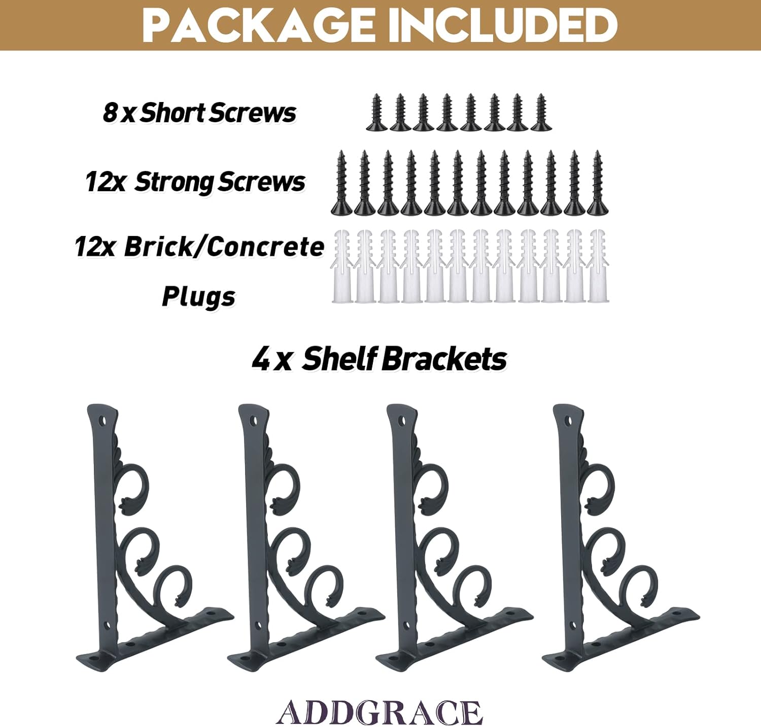 AddGrace Decorative Shelf Brackets L Shape 6 inch Black Wall Mounted Shelf Bracket with Screws (Black) 6inch