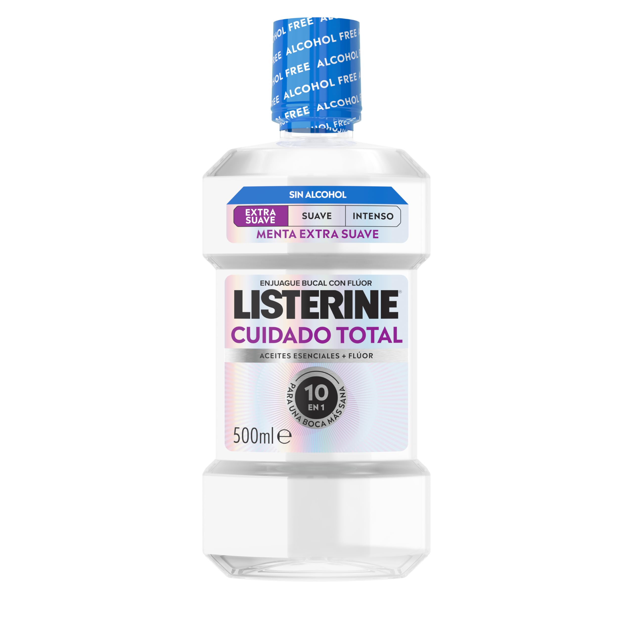 Listerine Cuidado Total Enjuague Bucal Sin Alcohol Sabor Extra Suave, 500ml | Colutorio sin alcohol, Protege contra la caries, Reduce la placa, 10 en 1 para una boca más sana, Sabor Menta Extra Suave