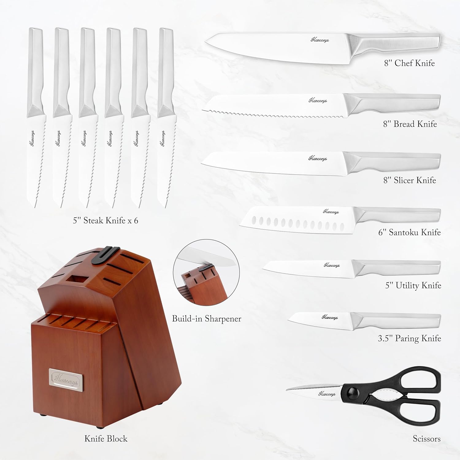 Knife Block Set, Japanese Stainless Steel Kitchen Knife Set with Built-in Sharpener, Sharp Knives with Non-slip Ergonomic Handle - Dishwasher Safe, Home Essential Gifts - Image 2