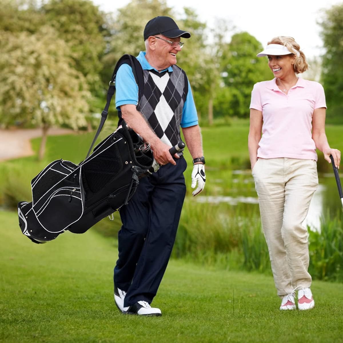 Golf Stand Bag, Golf Club Bag w/6 Large Way Top Dividers & 7 Pockets, Lightweight Golf Carry Bag w/Ergonomic Dual Straps & 2 Aluminium Pole, Lightweight Golf Bag for Men & Women