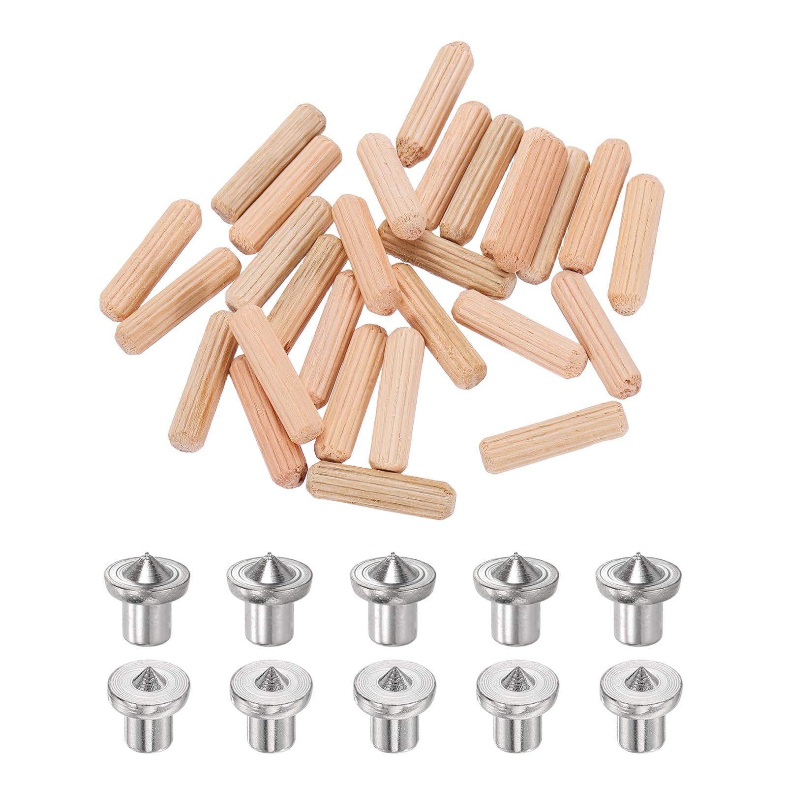 sourcing map 200Pcs Wood Dowel Pins, 5 x 20 mm Wooden Dowel Rods Straight Grooved Pins with 10Pcs Solid Hollow Dowels Tenon Center Transfer Plugs for Furniture Woodworking DIY Project