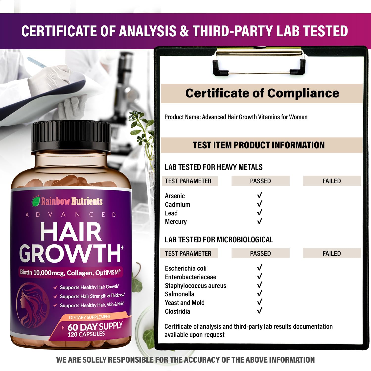 Vitaminas para el crecimiento del cabello para mujeres | Biotina 10,000 mcg, colágeno, OptiMSM® patentado, goMCT®, Saw Palmetto | Regenera naturalmente cabello, piel y uñas más fuertes y saludables 5