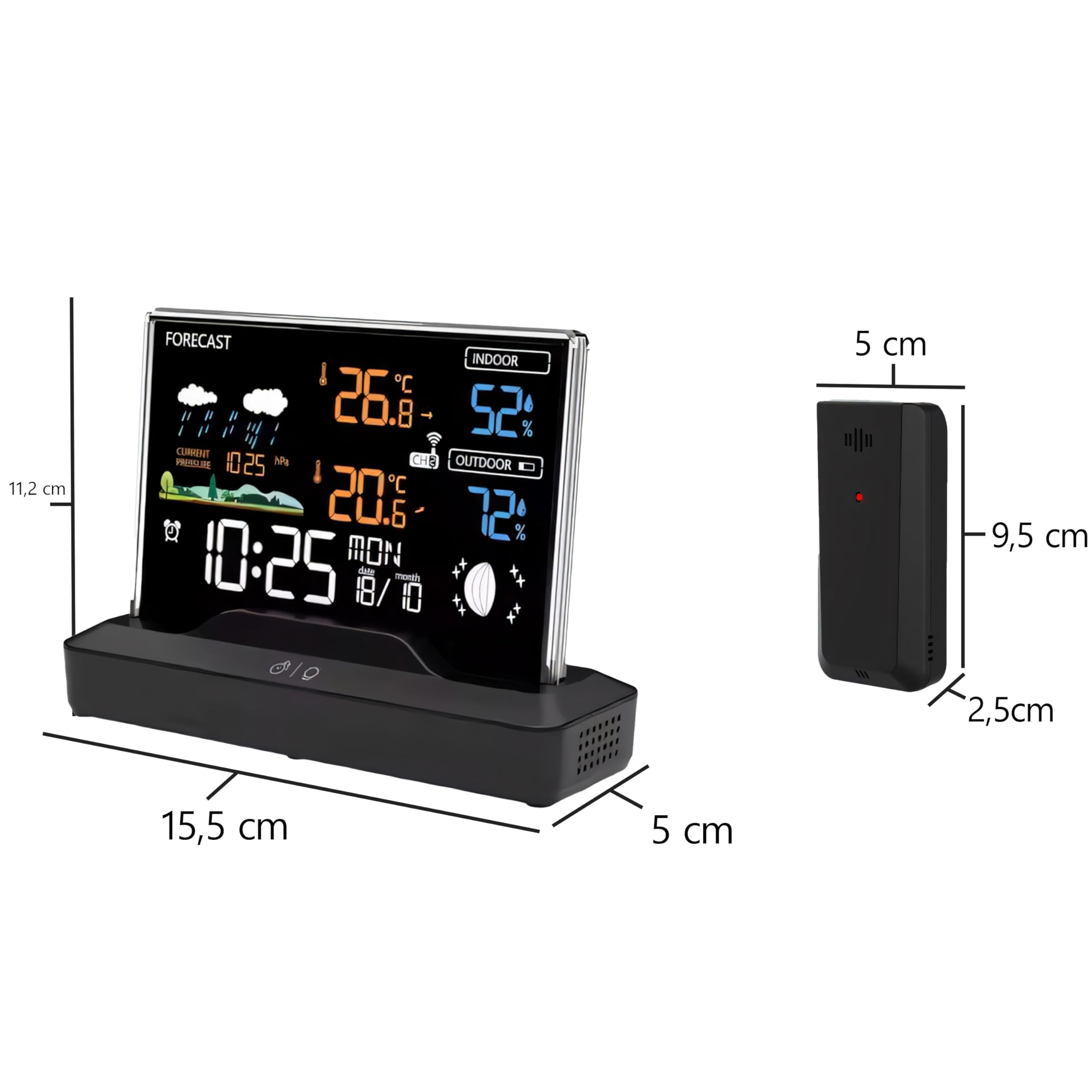 Retoo Stazione Meteo Wireless con Sensore Esterno, Termometro Igrometro Barometro, Display LCD, Previsioni, Fasi Lunari, Orologio Radiocontrollato, Sveglia, Nero