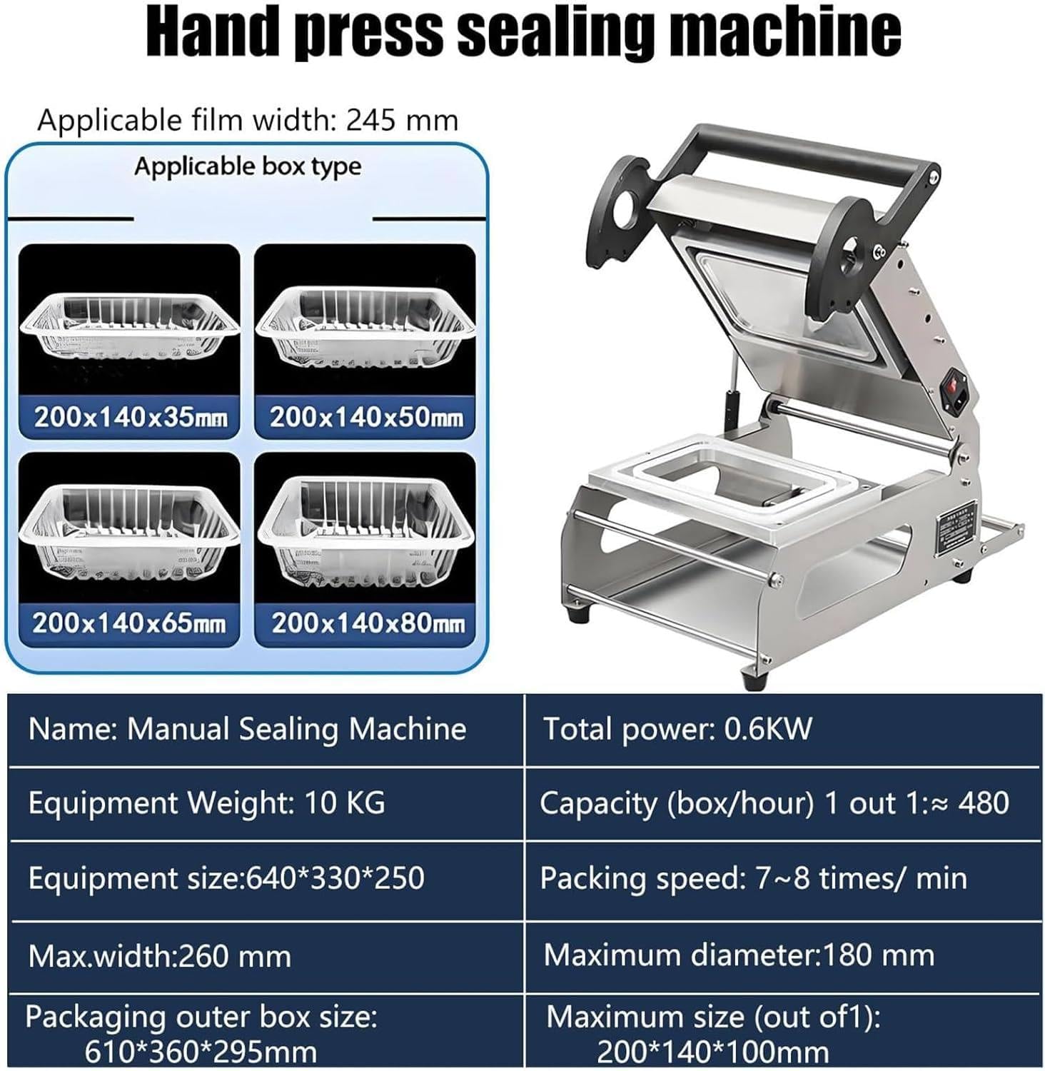 Handdruck-Heißsiegelgerät für Lebensmittelschalen, 600 W einstellbare Temperatur, 7-8 Dichtungen/Min, für Fleisch, Steak, Fisch, Obst, Fertiggerichte
