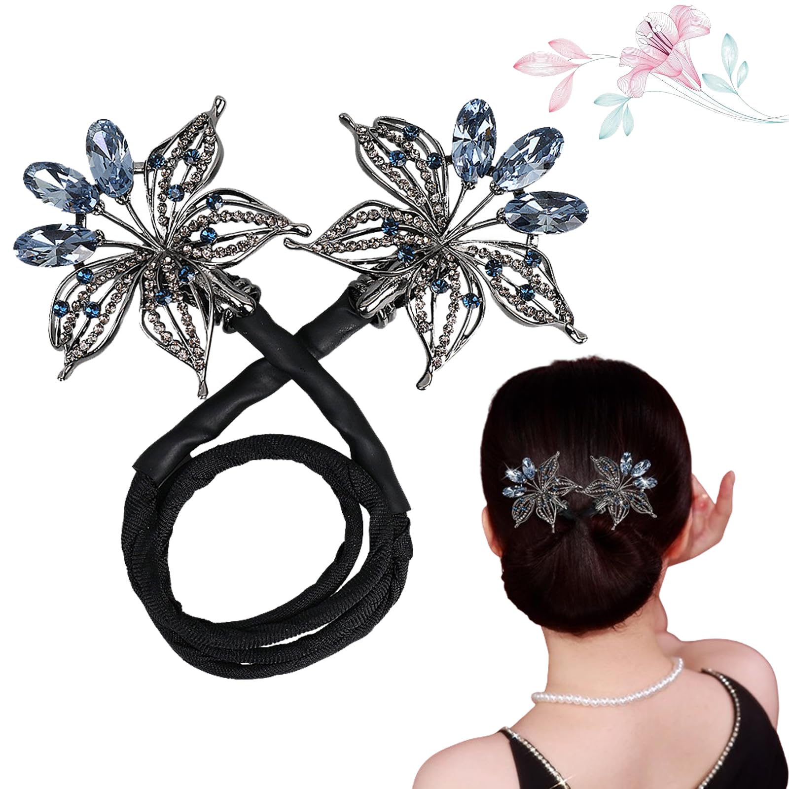 CHCTD Rhinestone Flower Hair Accessories Set - Hair Clip, Bun Twister, Curler, Whale Tail Clip, Twist Bun Maker, Hair Pins (17)
