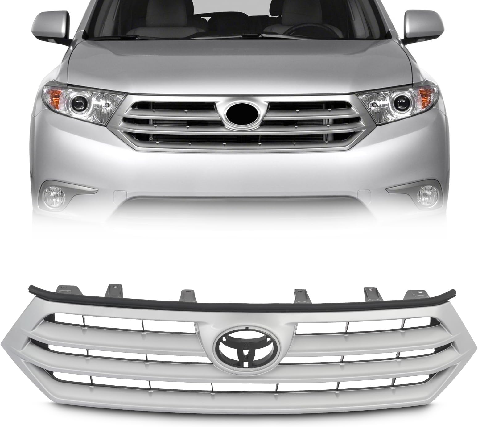 KARPAL Front Bumper Upper Grille Assembly Silver Compatible with 2011 2012 2013 Toyota Highlander Replacement 531010E020 TO1200346
