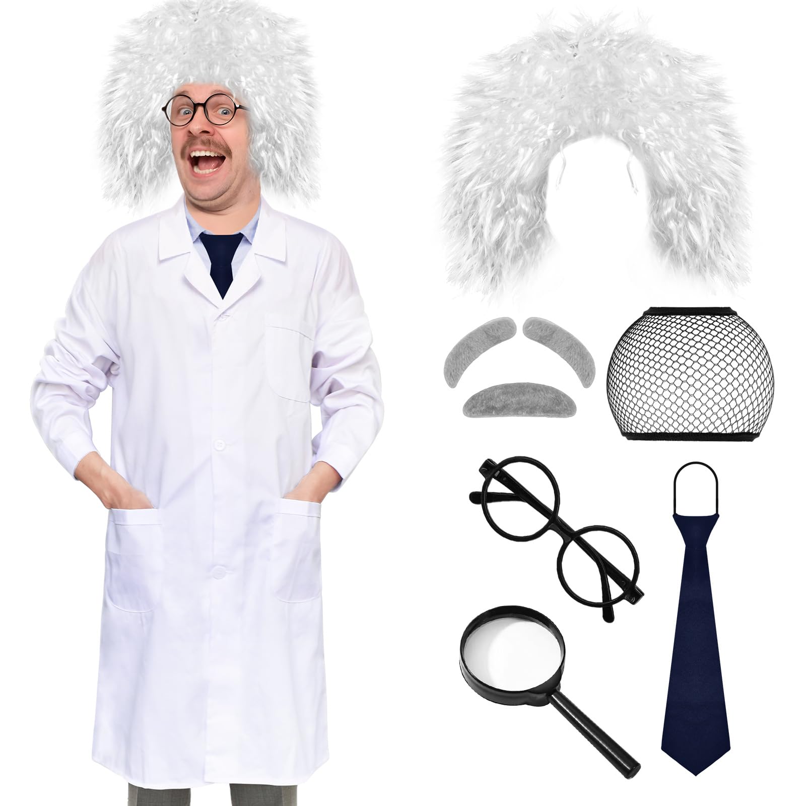 8 Pcs Mad Scientist Costume for Adult Halloween Albert Einstein Costumes Mad Scientist Wig Lab Coat