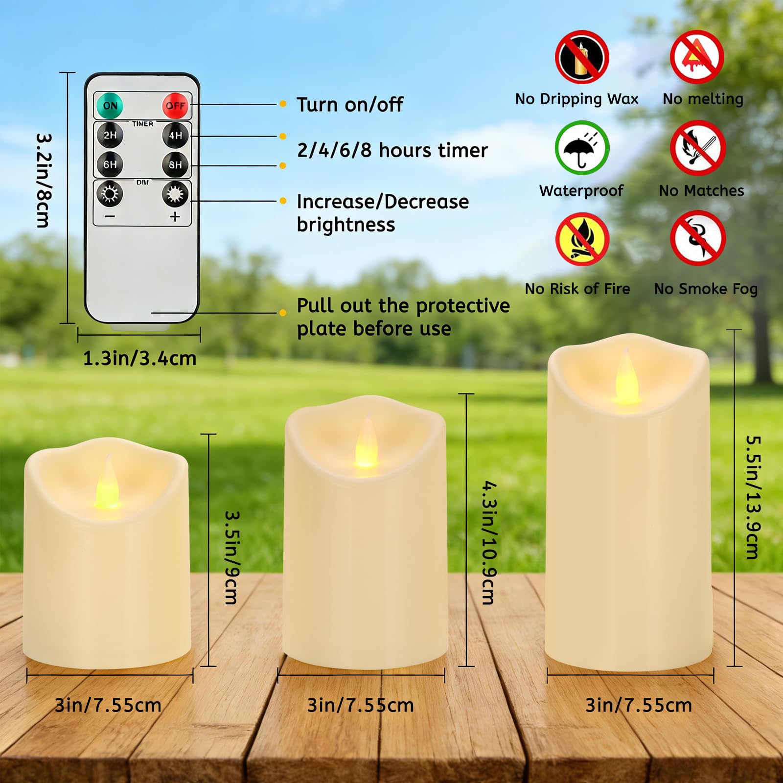 Haown Outdoor Indoor Flameless Candles, Patented 3D Dual-LED, Set of 6 Slanted Top Durable Plastic Pillars with 2 Remotes & Timer, Non-Melting Waterproof Battery Candles for Patio Garden (Ivory) — view 3