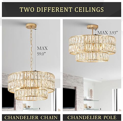 Miniatura 8 de Candelabro moderno de cristal dorado de 20 pulgadas, lámpara de techo semiempotrada de lujo, 6 luces, lámpara colgante de cristal redondo para