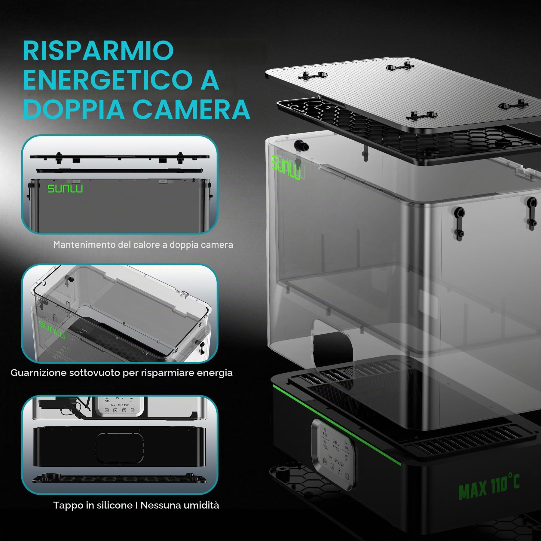 SUNLU Essiccatore Filamenti Ufficiale E2, 110°C Max, Riscaldatore PTC 500W, Essiccazione e Ricottura 2-in-1, Doppia Camera per Filamenti Professionali PC PA-CF FR-ABS (Nero)