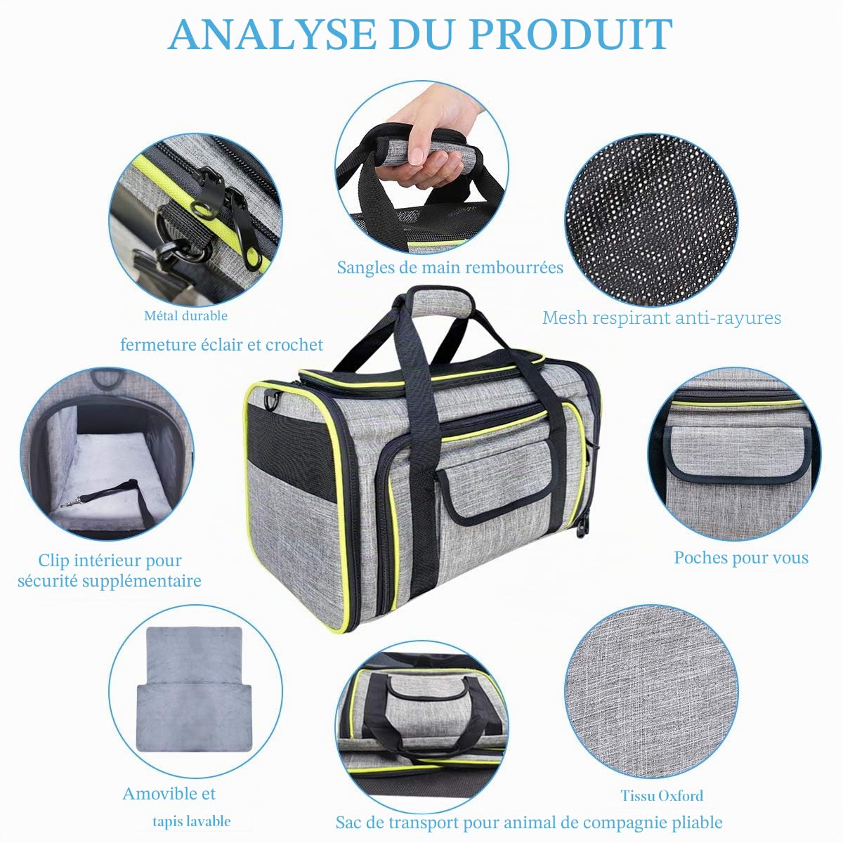 Sac de Transport Chat Chien Extensible et Autres Animaux de Compagnie, Filet Respirant, Spacieux, Pliable, avec Matelas en Peluche Amovible pour Voyage en Avion/Train/Voiture (43 * 28 * 28cm)
