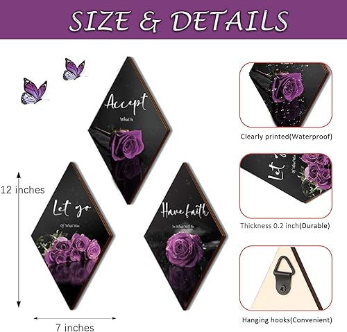 Miniatura 10 de 3 piezas de decoración de pared de baño con rosas amarillas, decoración inspiradora de madera, decoración de pared de oficina con letrero de aceptar